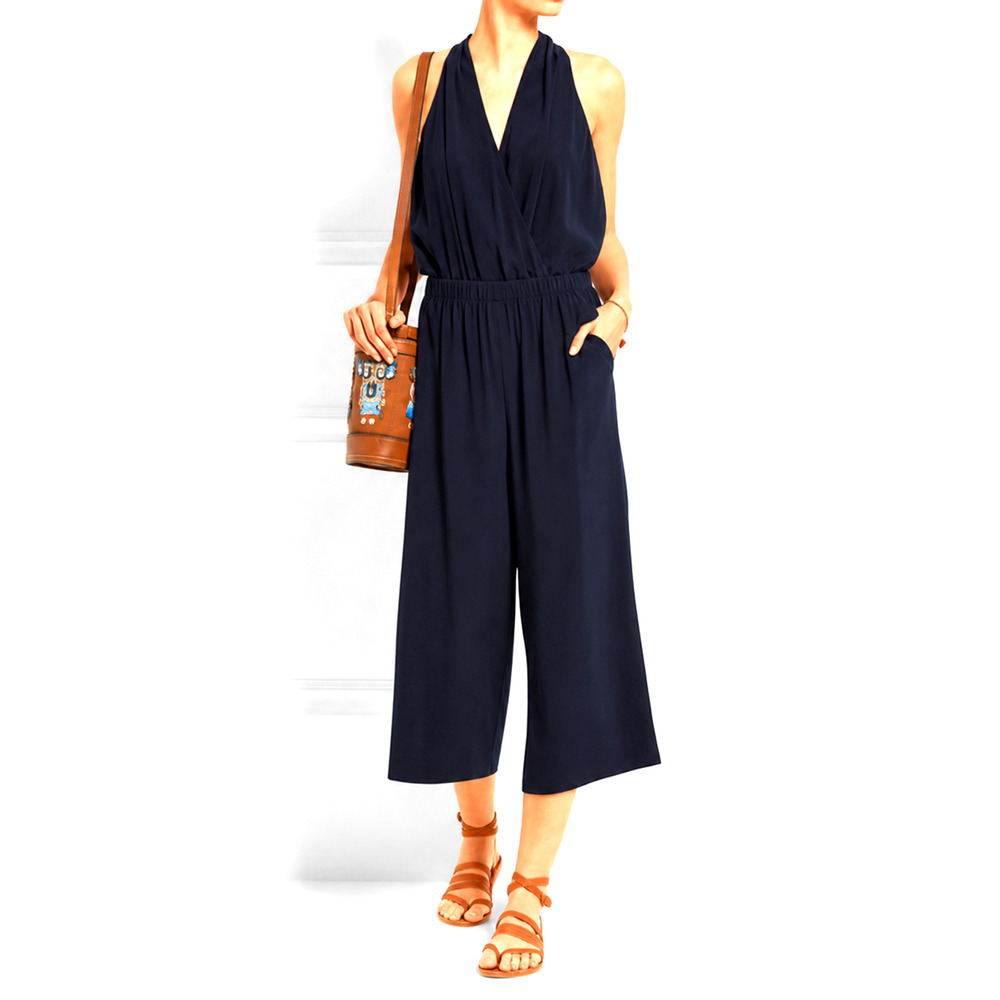 Tory Burch Navy Jumpsuit Campana Silk Sleeveless V Neck Cropped Leg Pockets S